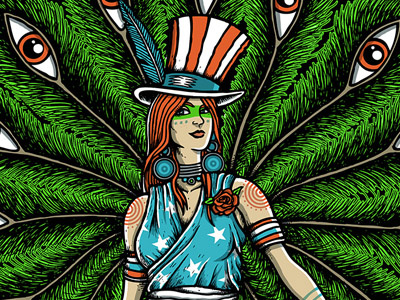 Lady Columbia concert poster eyeballs gigposter patriotic peacock psychedelic screenprint trippy uncle sam widespread panic
