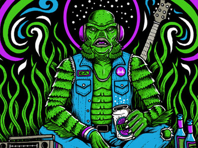 Dirtbag from the Black Lagoon blacklight concert poster creature creature from black lagoon gigposter hand drawn illustration psychedelic rock poster san francisco screenprint symmetrical the growlers warfield