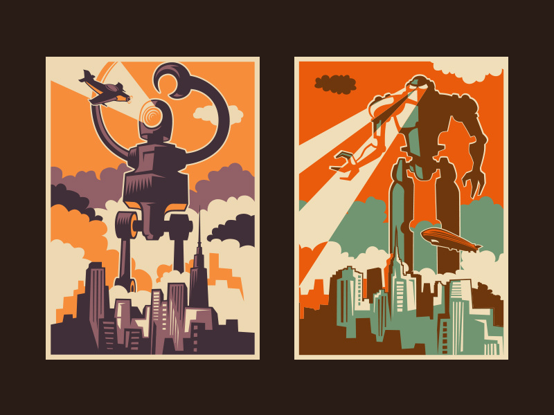 Robots air craft buildings color aggression destruction smoke print poster retro logo illustration graphic art vector devastation attack city futuristic retro font machine robots