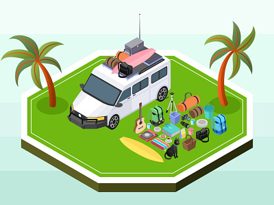 Picnic Van And Its Contents application campervan digital flat futuristic icon illustration infographic interface isometric landing page low poly map mobile picnic technology vacation van vector website