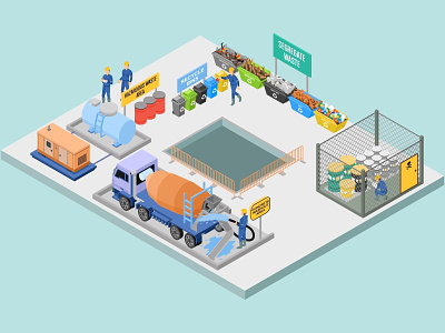 Waste And Housekeeping In Construction Sites Management asset construction site digital flat futuristic illustration infographic interface isometric landing page low poly map mobile application technology vector waste management website