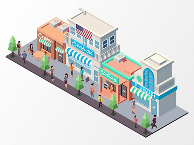 Sidewalks And Various Shops application building digital flat futuristic icon illustration infographic interface isometric landing page landmark low poly map shop sidewalk store technology vector website