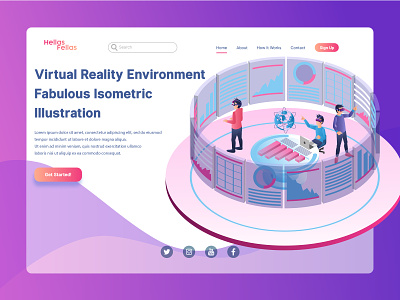 Virtual Reality Environment Landing Page Illustration application asset augmented reality digital futuristic gradient illustration infographic interface isometric landing page low poly mobile team work technology vector virtual reality website