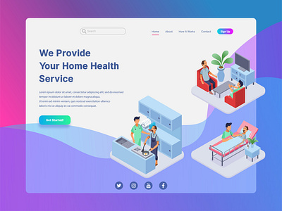 Home Health Service Landing Page Illustration application apps feature flat futuristic gradient health service helath icon illustration infographic isometric landing page concept low poly mobile technology ui vector website