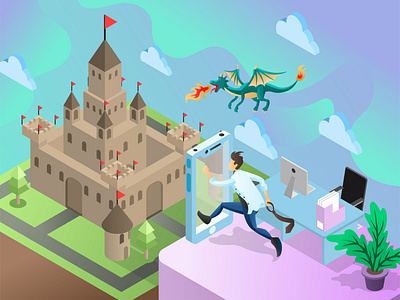 Escape from the Reality conceptual art dragon flat game gradient illustration isometric landing page low poly medieval mixed reality modern palace technology vector