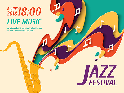 Jazz festival flyer color cut festival flyer jazz music paper retro vector