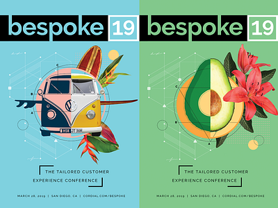 Cordial Bespoke19 Event Posters avacado branding conference event illustration logo marketing poster saas san diego user conference vw bus