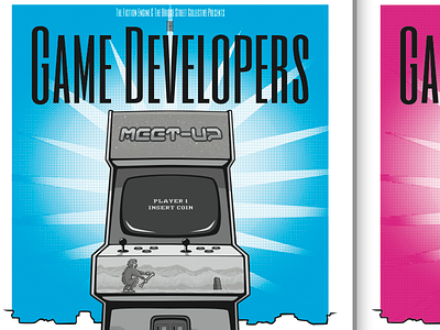 Game developers meetup poster arcade machine illustrator vector