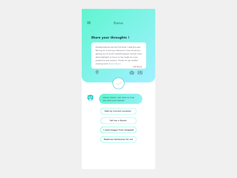 Smart Bot for Status Update for #Dailyui010 botui chatbotui dailyui design hireme illustration mobileappdesign mobileui mobileuiux smartassistant uiux uiuxdesign