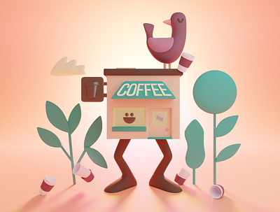 I loved the idea of a bouncy hyper coffee shop. 3d illustration birb blender cute illustration low poly phldesign render