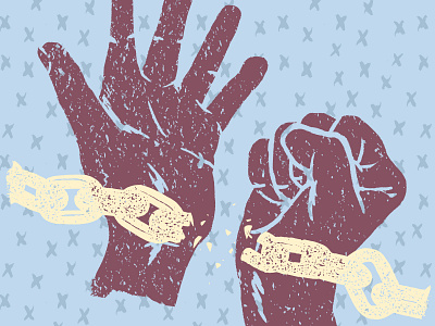 Illustration | Break Free blockprint chain hands illustration overprint relief texture