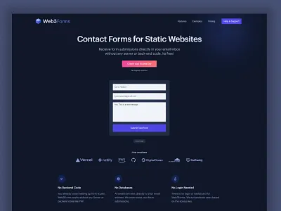 Web3Forms - Dark Theme - Contact forms without backend Server api backend clean contact contact form dark dark ui form jamstack nextjs react startup static tailwindcss ui