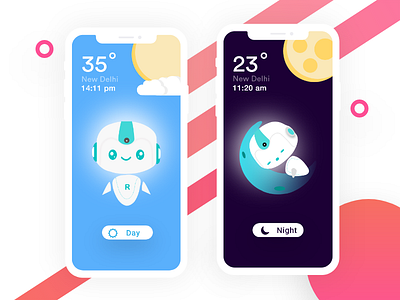 Cute Robot Design with Day Night App @appdesign @illustration @robot @uidesign @uxdesign