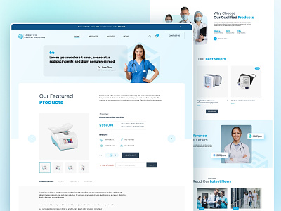 Medical Products & Supplies Homepage Design. blood blue design doctor featured hospital medical products trending ui web