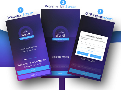 Welcome, Registration, OTP Popup UI Design