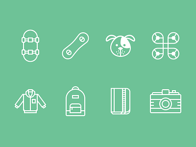 Tracking Device Icons backpack camera cute dog drone icon iconography illustration jacket notebook skateboard snowboard