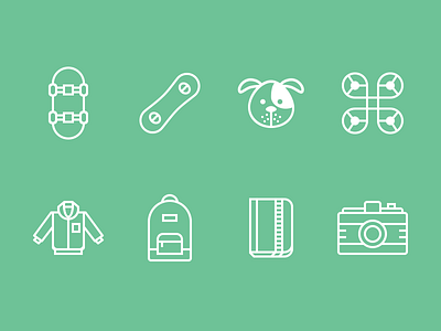 Tracking Device Icons backpack camera cute dog drone icon iconography illustration jacket notebook skateboard snowboard