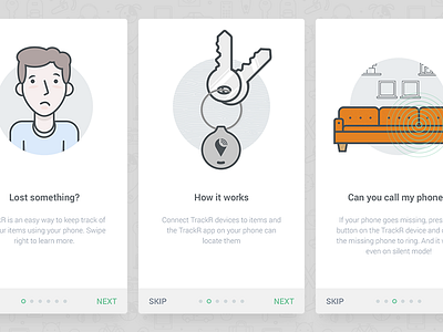 TrackR onboarding app character couch cute icons illustration illustrations ios keys mobile onboarding walkthrough