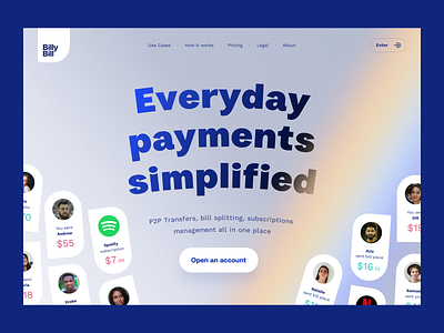 Web Design: Landing Page for Billy Bill bank account banking cards finance fintech home page landing landing page p2p payments send money split bill subscriptions transfers web web design