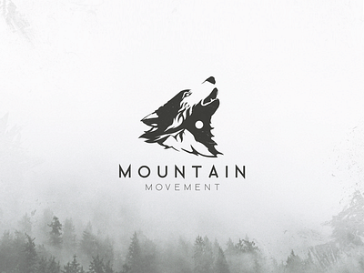Mountain Movement black illustration logo moon mountain old wolf