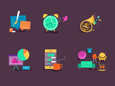 Editorial icons for a web app bright colors color pop flat icons