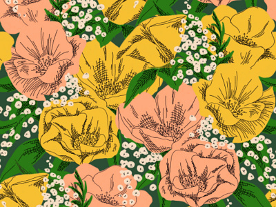 Spring Garden Pattern floral flowers illustration ink pen repeating pattern retro surface design