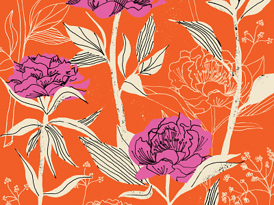 Paint me Peony floral flowers illustration ink pen red repeating pattern retro surface design surface pattern vintage