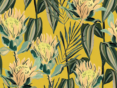 Retro Tropical Yellow floral flowers gouache illustration painting retro surface design surface pattern vintage