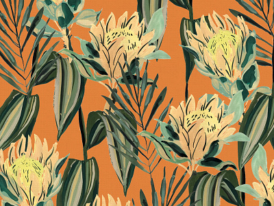 Retro Tropical Orange floral flowers gouache illustration painting retro surface design tropical vintage
