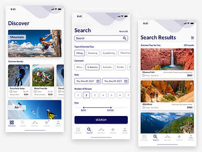 Extreme Travel App app booking clean design discover extreme filters inspiration interface ios minimal mobile polyakov search travel typography ui ux