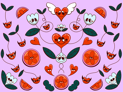 Cherry Bombs cartoon character cartoon illustration character design cherry digital illustration floral floral pattern flowers fruit fruit pattern illustration illustrator pattern design procreate retro retrosupplyco symmetrical truegritsupply