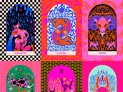Zodiac Postcards aquarius aries character design design illustration illustrator pisces procreate retrosupplyco series symmetry truegritsupply zodiac sign
