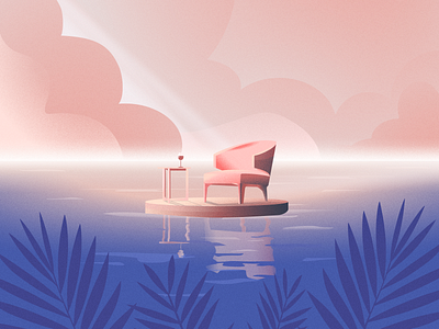 therapy aesthetics architecture artdeco chair digital flat illustration lake lithuania nature perspective sea summer therapy vector wine