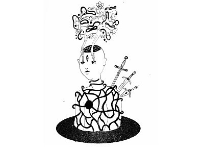 Beat anxiety black and white cartoon digital drawing illustration ink pen and ink surrealist swords