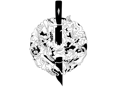 Sword anxiety black and white cartoon digital drawing illustration ink pen and ink surrealist