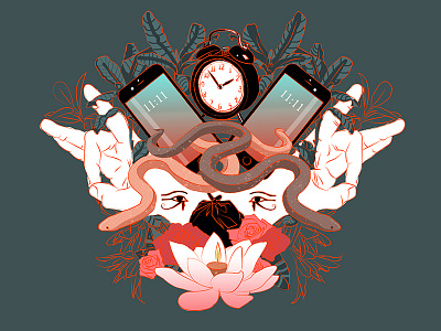 Shrine clock digital drawing flowers gradient illustration lotus phone plants roses spiritual time