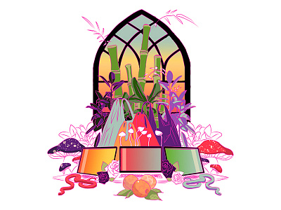 Cathedral bamboo cathedral colourful digital laptop mushrooms peaches plants snakes