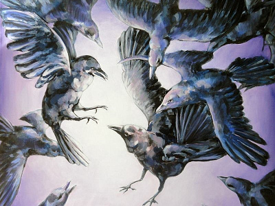 The Crows acrylic birds black brush canvas crows hand made light oil paintig purple