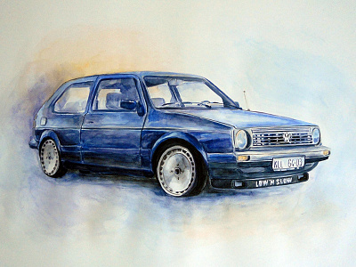 The Car aquarelle blue brush car design drawing hand made illustration painting realistic watercolours