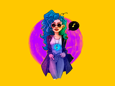 Karolina blue hair character design girl illustration yellow