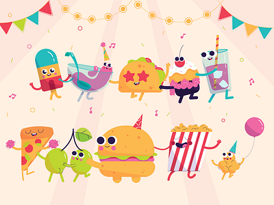 Food Party burger characterdesign food icecream illustration muffin olives party pizza popcorn tacos