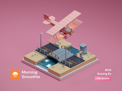 Buzzing By 3d 3d art airplane airplanes biplane blender blender3d desert diorama flight flying illustration isometric isometric design isometric illustration low poly pastel pastel color pink river
