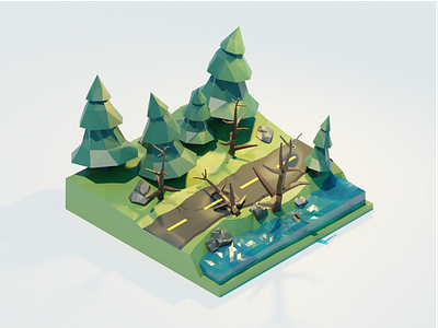 Rocky Road 3d 3d art blender blender3d design diorama isometric isometric art low poly lowpoly road trees water