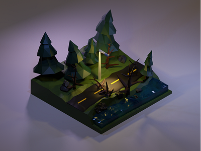 Wrong turn 3d 3d art blender blender3d design diorama isometric isometric art low poly lowpoly night road trees water