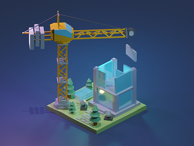 Construction 3d 3d art blender blender3d building construction crane diorama glass isometric isometric illustration lowpoly lowpolyart