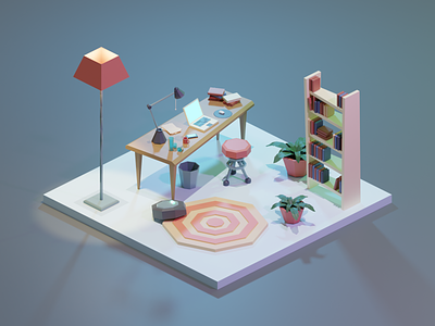An Aesthetic Workspace 3d 3d art blender blender3d cozy designer diorama isometric isometric illustration low poly lowpoly lowpolyart room workspace
