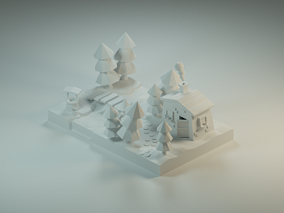 Snow & Nature 3d 3d art blender blender3d cabin diorama isometric isometric design isometric illustration low poly low poly art nature river snow