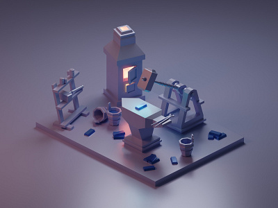 The Tiny Workshop 3d 3d art blender blender3d craft crafting diorama furnace hammer handywork isometric isometric design isometric illustration low poly metal smith tools workshop