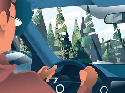 Drive through Colorado in December car illustration illustrations illustrator retro supply trees vector