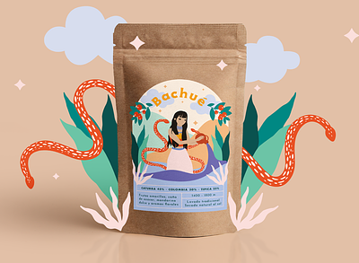 Bachué brand coffee colombia illustration illustrator ipadpro label label design label packaging leaves mountain native nature packaging procreate snake star